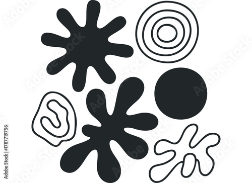 Black Organic Shapes and Circles on White Surface