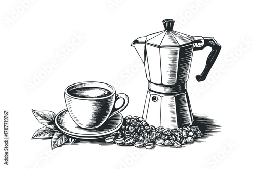 Espresso maker with coffee cup and beans
