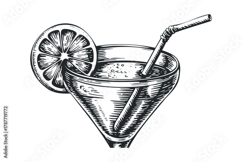Sketch of a beverage in a glass with citrus slice and straw