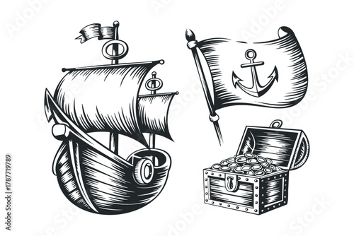 Pirate Ship with Treasure Chest and Anchor Flag