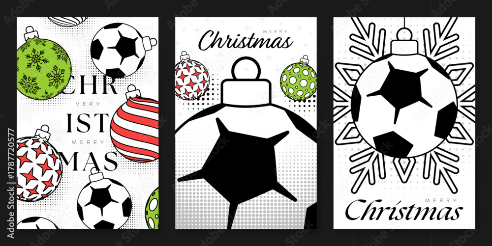 Naklejka premium Football Christmas and New Year posters set. Bright xmas design for xmas party invitation. Minimal art banner, poster, cover templates. Vector illustration