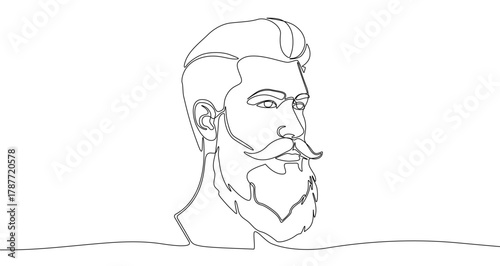 Portrait of a bearded man with a mustache in one line art style. Drawing of a male face with editable black stroke on white background. Vector illustration.