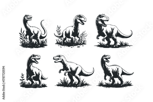 Six Tyrannosaurus Rex Dinosaur Silhouettes in a Grassy Landscape