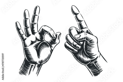 Two hands making gestures one indicating ok the other counting one