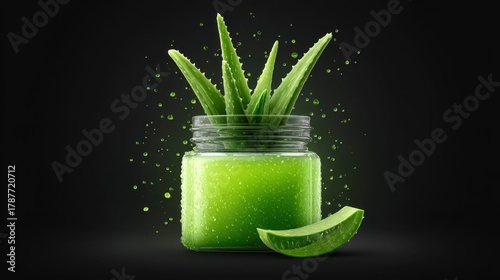 Fresh aloe vera juice in a jar with leaves and a slice on a dark background