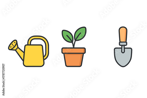 Gardening tools icons featuring watering can, seedling, and hand trowel