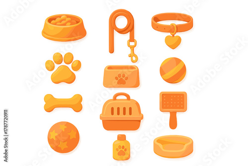 Set of orange 3D style icons for pet care and animal accessories