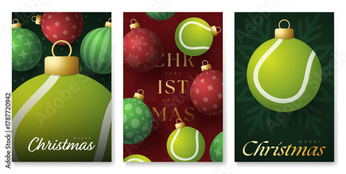 tennis Christmas and New Year banners set. Luxury Modern xmas design for xmas party. Minimal art banner, poster, cover templates. Vector illustration