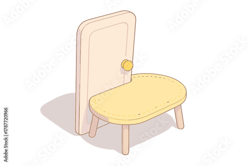 Isometric view of small yellow padded chair with tall backrest