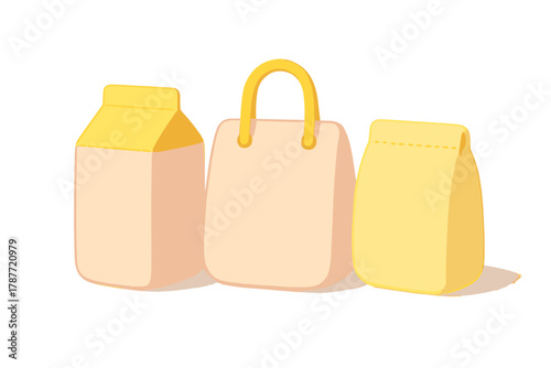 Minimalist grocery packaging items featuring yellow accents on white background