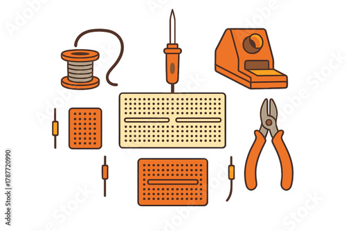 Set of essential tools and components for electronics circuit prototyping