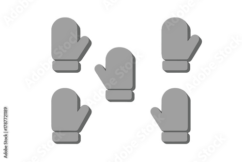 Five gray winter mittens icons featuring a subtle shadow effect