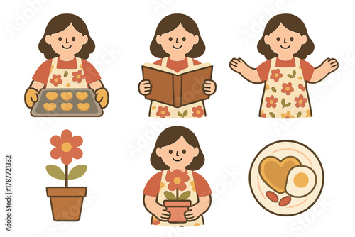 Cute girl engaged in various domestic activities like baking, reading, and gardening