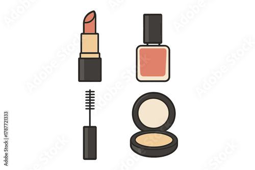 Collection of cosmetic products icons including lipstick, nail polish, mascara, and compact powder