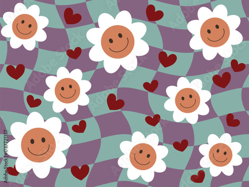 Seamless groovy pattern featuring smiling white daisy flowers and small red hearts on a wavy checkerboard background