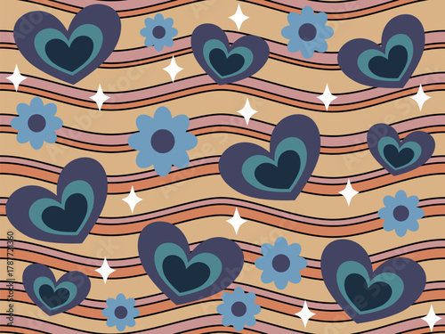Seamless groovy retro pattern featuring hearts blue flowers and white stars on a wavy striped background