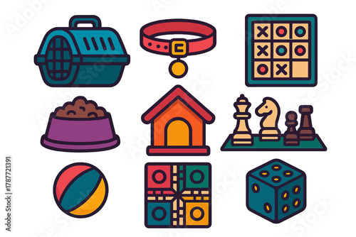Collection of stylized icons for pet supplies and tabletop board games