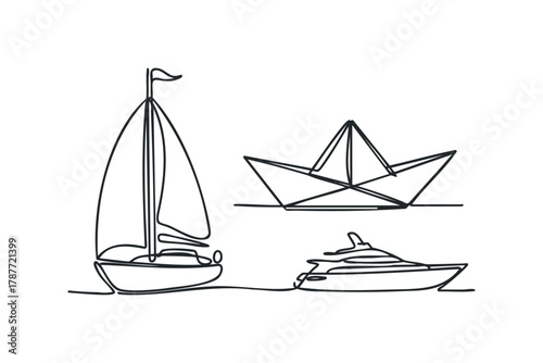 One line drawing of sailing boat yacht paper boat