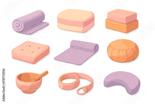 Collection of isometric yoga and meditation accessories in soft pastel colors