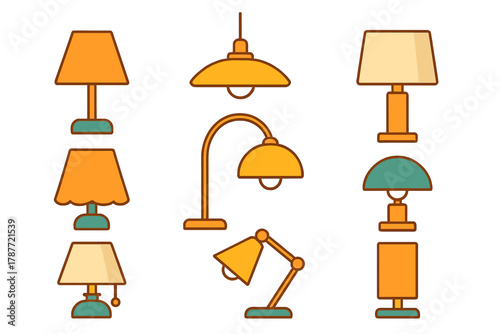 Stylized icons of various table and hanging lighting fixtures