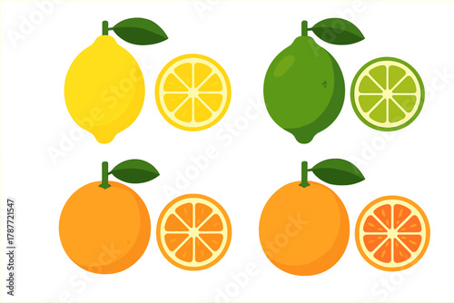 Set of whole and sliced citrus fruits including lemon, lime, and orange