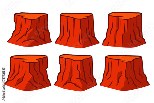 Six stylized red rock formations resembling mesas or buttes