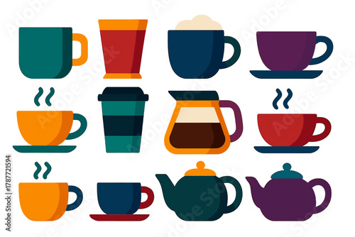 Colorful icons of various coffee and tea serving vessels and containers