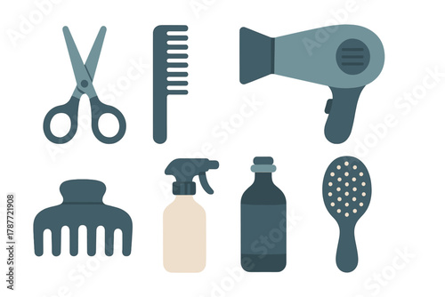 Essential hairdressing tools and accessories icons for beauty salon services