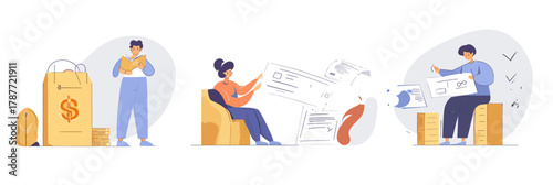 People managing personal finances with bills, documents, calculator, paying off debt, financial stress and planning in flat minimalist vector style