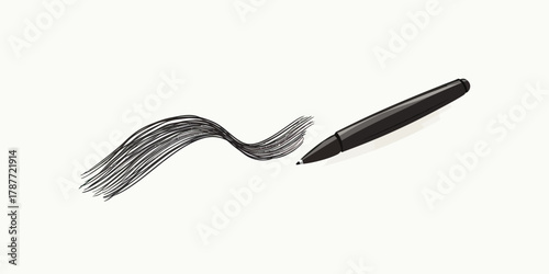 Black ballpoint pen drawing curved flowing ink lines on white background vector illustration simple minimalistic writing instrument concept creative scribble design element flat style