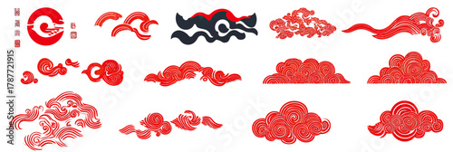 Set of red and black traditional Chinese style clouds vector illustrations with swirling patterns and minimalist flat design elements for Asian decorative art and festival motifs