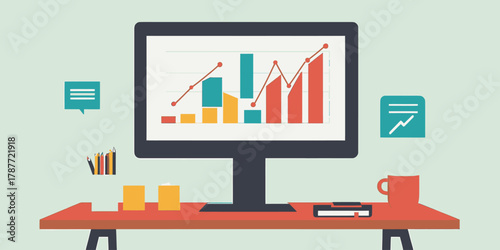 Desktop computer monitor displaying colorful bar and line graphs with coffee mug, pencils, clipboard on wooden desk workspace background for business analysis and financial data concept
