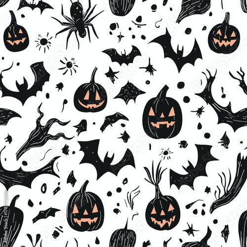 Seamless Halloween pattern with spooky black bats, carved pumpkins, creepy spiders, twisted branches, and scattered Halloween doodles on white background for festive design and decorations