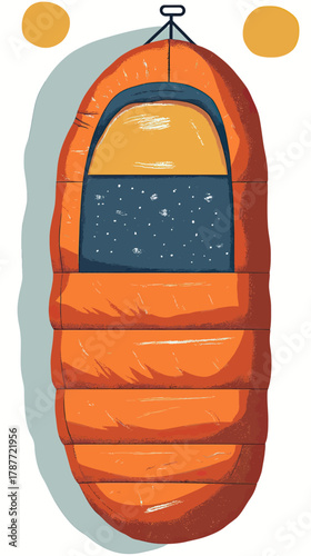 Orange rectangular sleeping bag with blue interior and hanging loop in flat minimalist style illustration on light background with two round shapes