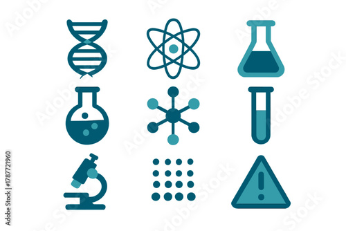 Collection of science and laboratory equipment icons showing DNA and atomic structure