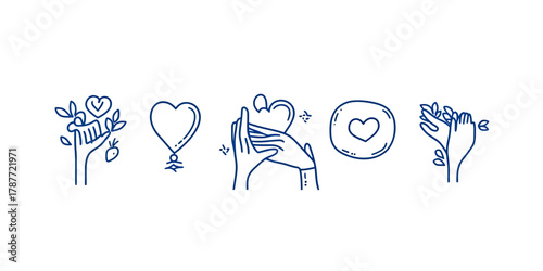 Hand drawn outline hands holding hearts and leaves symbols of love growth care support community charity partnership solidarity vector illustration line art