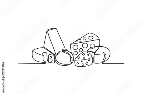 Variety of cheese wedges continuous line drawing