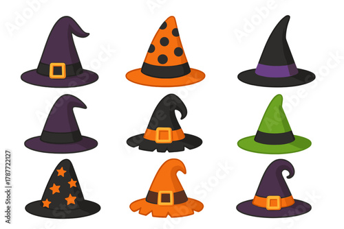 Assortment of vibrant cartoon witch hats for seasonal celebration