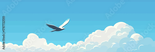 Silhouette bird flying over fluffy white clouds in bright blue sky minimalistic flat vector illustration freedom nature outdoors concept