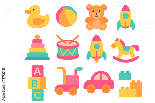 Colorful flat style icons representing various baby and toddler toys