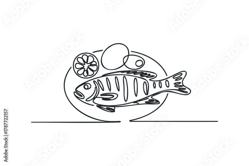 Single line drawing of a whole fish and lemon slices on a plate