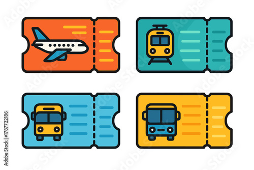 Colorful icons representing travel and transport tickets for airplane train bus and subway