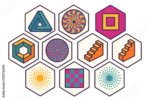 Geometric optical illusion icons set with vibrant retro color palette