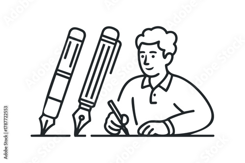 Man writing with fountain pen next to other pens