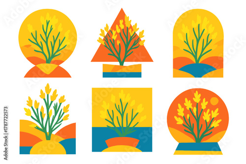Stylized flowering plant icons within modern geometric frames