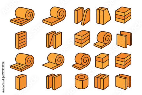 Isometric icons set of orange thermal insulation material rolls and blocks