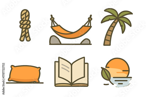 Tropical vacation and relaxation icons featuring hammock, palm tree, and sunset