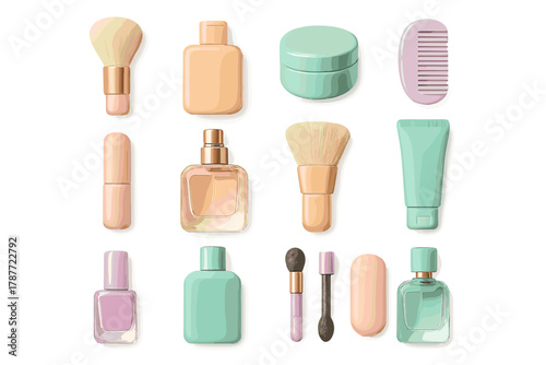 Assortment of pastel cosmetic and beauty accessories on white background