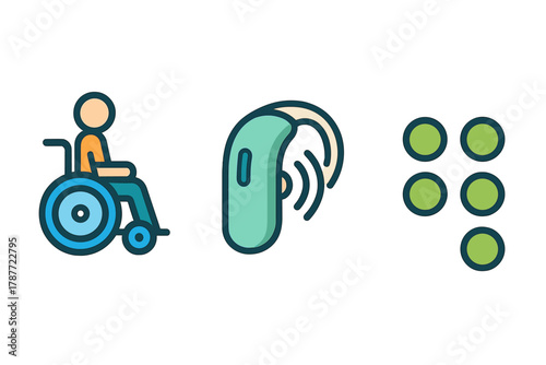 Set of accessibility icons featuring wheelchair user hearing aid and braille symbols