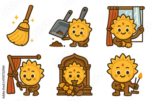 Happy Sun Mascot Doing Household Cleaning and Devotional Rituals